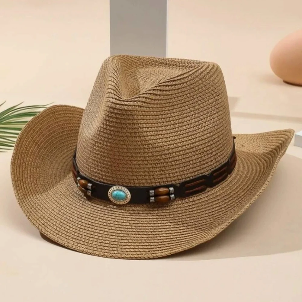 NWT Western Cowboy Hat Beaded Turquoise and Brown Adjustable Size - Picture 1 of 4